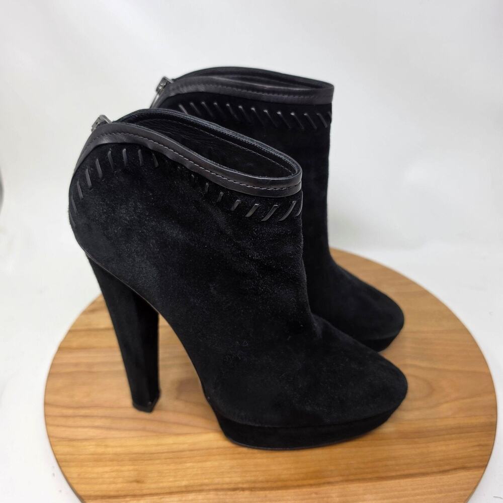 Jimmy Choo Boots 10 Suede Ankle Bootie Platform Black Zip Stiletto Office Luxury
